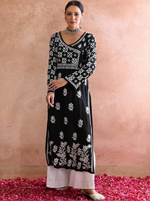 House of Chikankari Black Embroidered Angrakha Kurta-picture-13