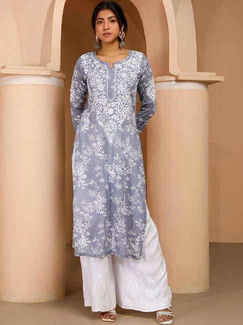 House of Chikankari Grey Embroidered Straight Kurta-picture-37