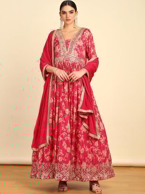 Soch Womens Pink Sequinned Embellished Chinon Alia Cut Ethnic