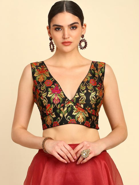 Soch Womens Black Floral Plunge Neck Silk Blend Padded Blouse