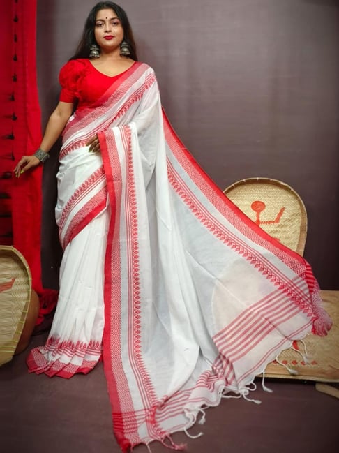 Odette White Woven Saree With Unstitched Blouse-picture-46