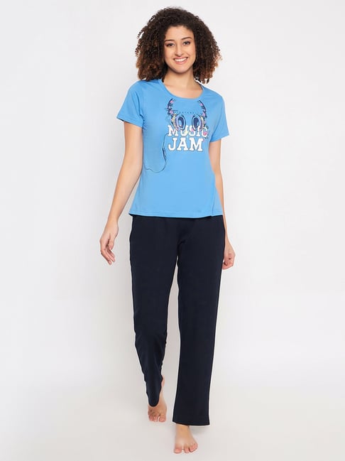 Clovia Light Blue & Navy Printed Top With Pyjamas-picture-17