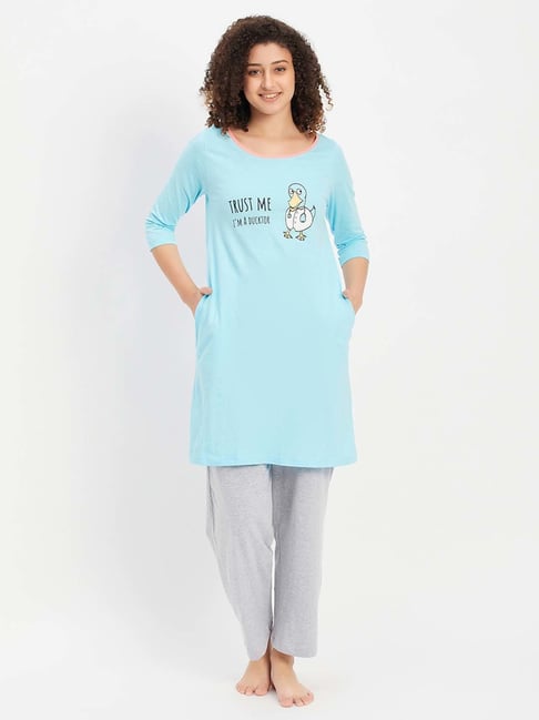 Clovia Blue & Grey Cotton Printed Sleep Tees Pyjamas Set-picture-36