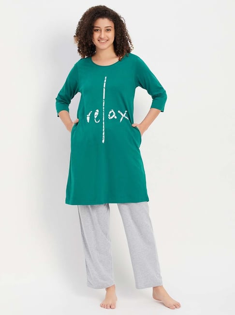 Clovia Green & Grey Cotton Printed Sleep Tees Pyjamas Set-picture-32