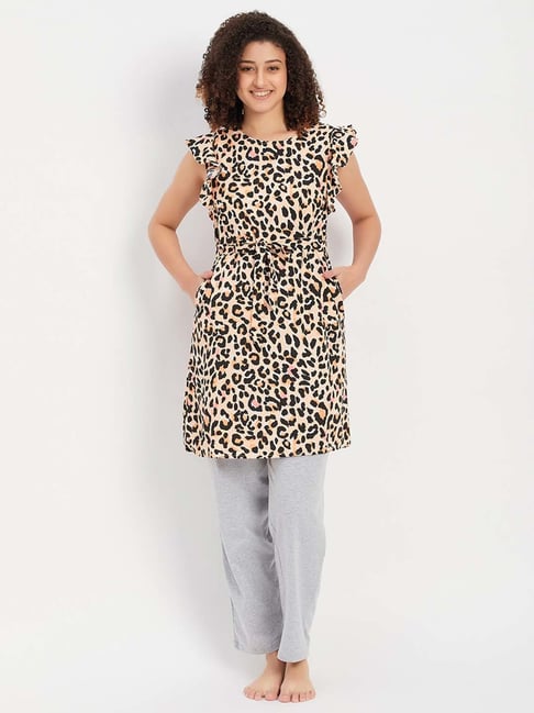 Clovia Beige Grey Cotton Printed Night Dress Pyjamas Set