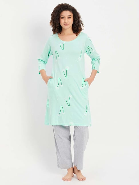 Clovia Green & Grey Cotton Printed Sleep Tees Pyjamas Set-picture-38