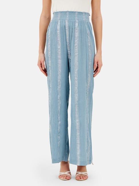 Kazo Blue Cotton Striped High Rise Trousers-picture-36