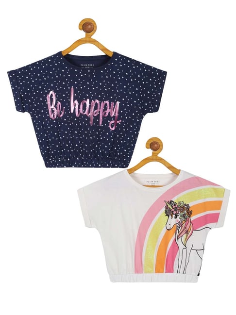 Plum Tree Kids Navy & White Cotton Printed Crop Top (Pack of 2)-picture-11