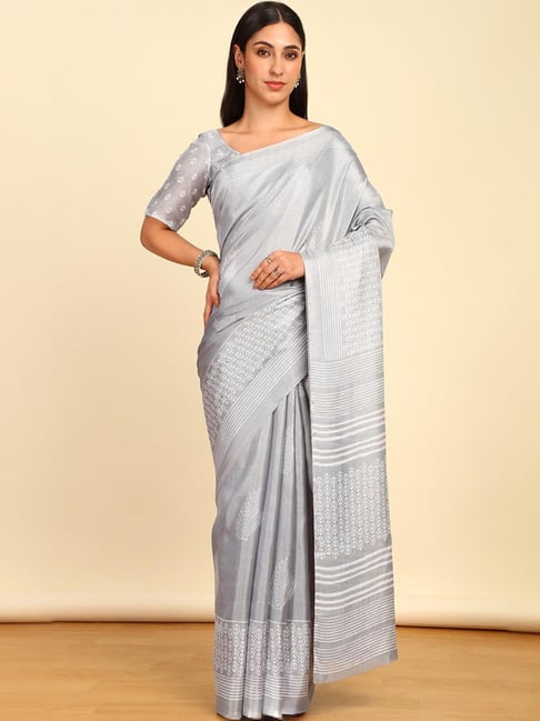 Soch Womens Grey Art Silk Botanical Print Saree-picture-39