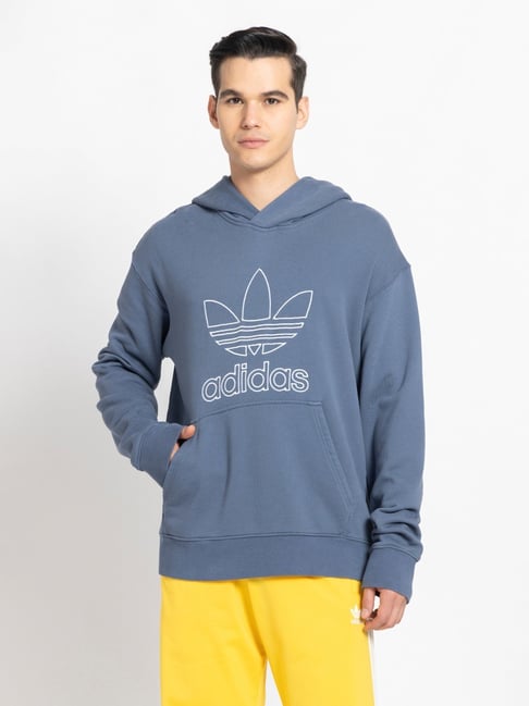 Adidas Originals Blue Cotton Loose Fit Printed Hooded Sweatshirt