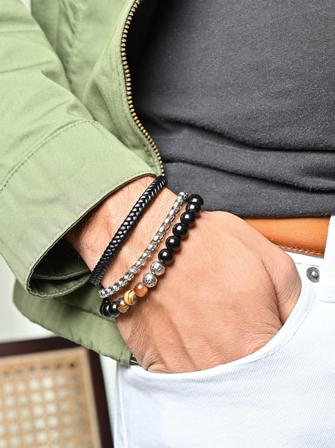 The Bro Code Black Brown Beaded Metal and Leather Bracelet for Men Pack  of