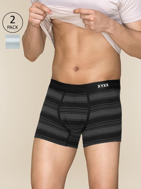 XYXX Smoke Black & Cloud Grey Cotton Regular Fit Striped Trunks - Pack Of 2-picture-36