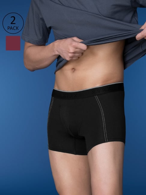 XYXX Pitch Black & Bold Burgundy Cotton Regular Fit Trunks - Pack Of 2-picture-11