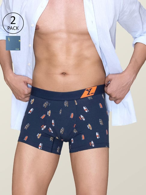 XYXX Surfboard Blue & Bus Blue Cotton Regular Fit Printed Trunks - Pack Of 2-picture-34