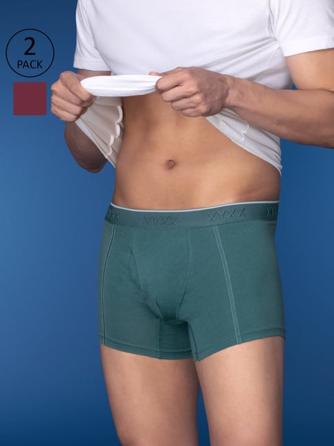 XYXX Emerald Green & Bold Burgundy Cotton Regular Fit Trunks - Pack Of 2-picture-39