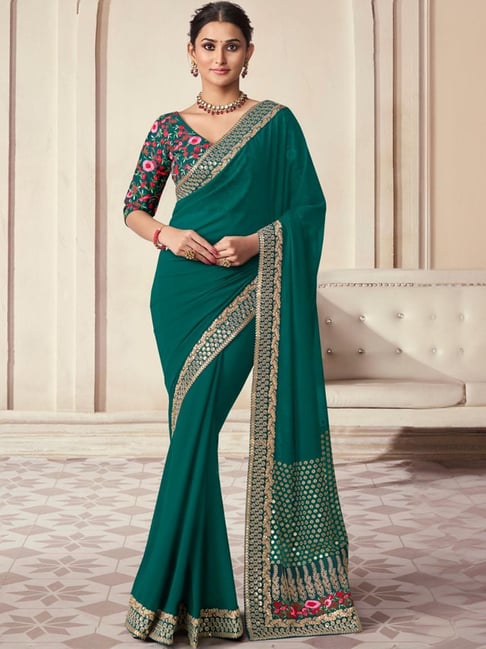 Odette Green Embroidered Saree With Unstitched Blouse-picture-36