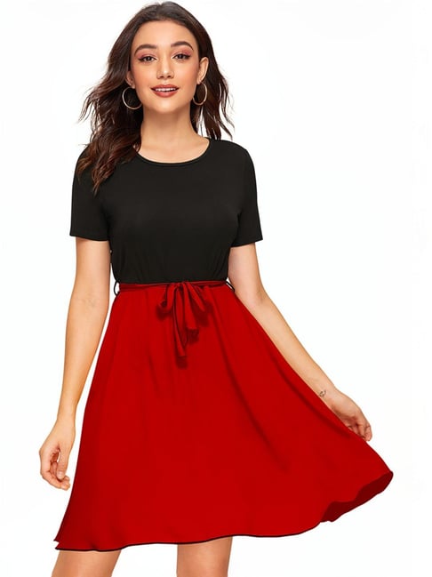 Fashion red and black color block dress