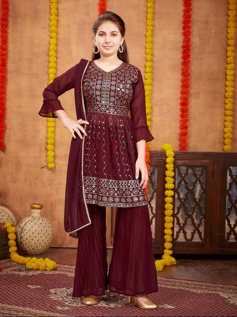 Aarika Kids Wine Embellished Kurta, Gharara with Dupatta-picture-46