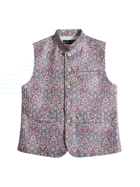 Cavio Kids Grey Floral Print Nehru Jacket-picture-16