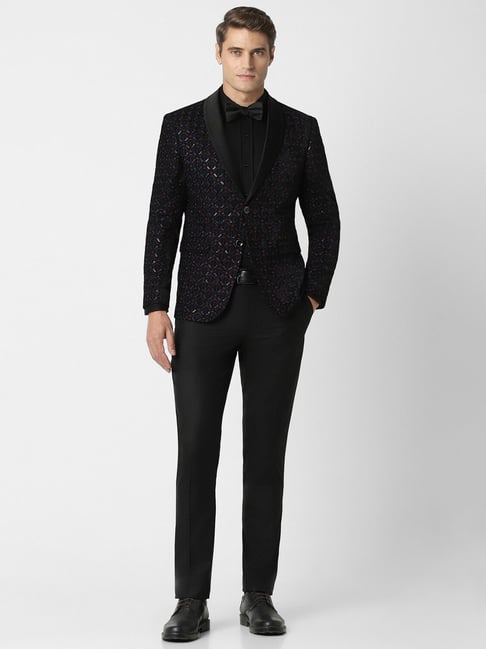 Peter England Black Slim Fit Embroidered Two Piece Suit