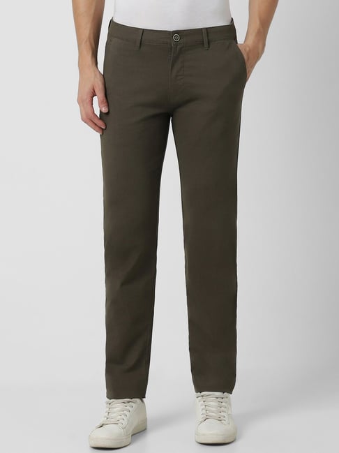 Peter England Green Cotton Slim Fit Texture Trousers
