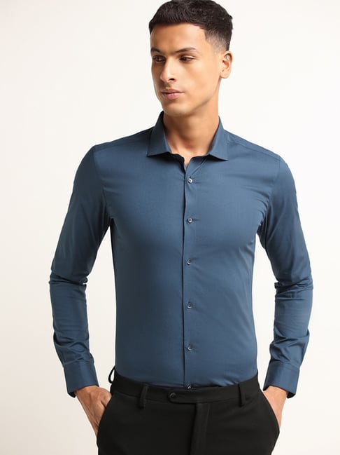 WES Formals by Westside Teal Solid Ultra Slim Fit Shirt