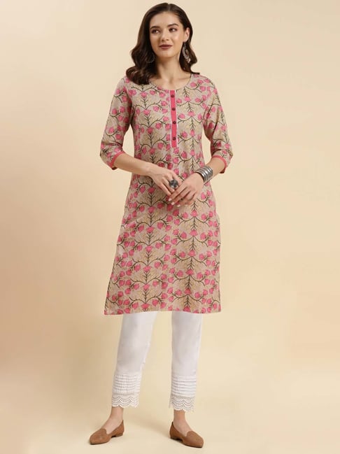 Rangita Beige & White Cotton Printed Kurti Pant Set