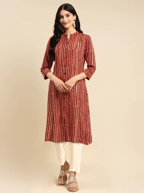 Rangita Maroon & Off-White Striped Kurta Pant Set