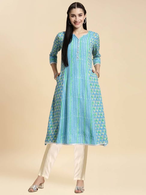 Rangita Blue & Off-White Printed Kurta Pant Set