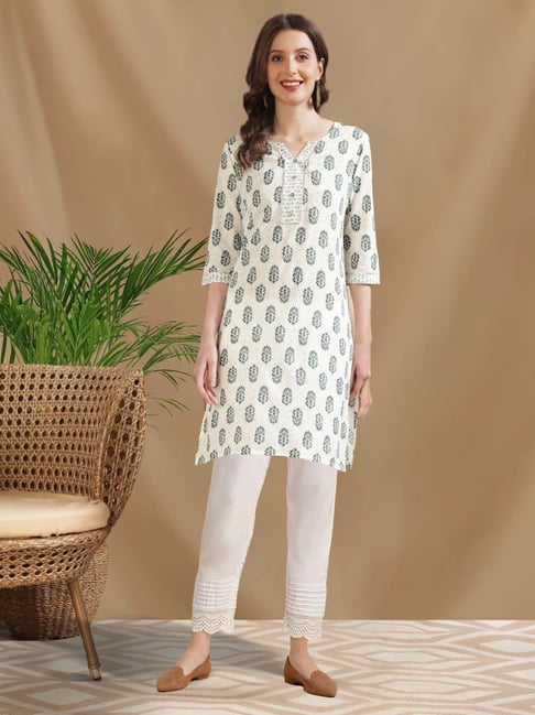 Rangita Off-White Cotton Printed Kurti Pant Set