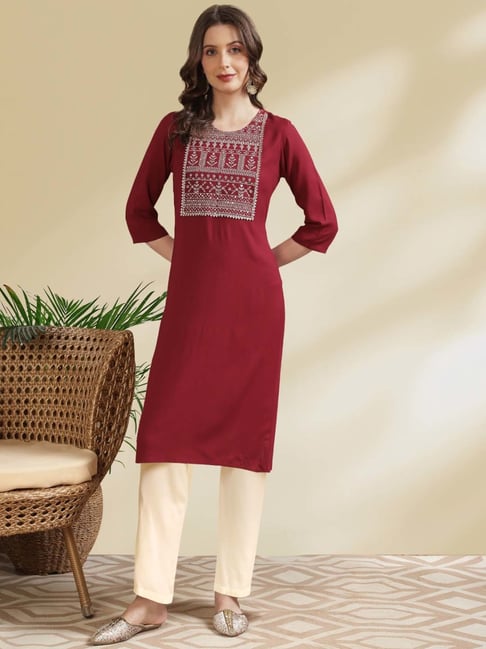 Rangita Maroon & Off-White Embroidered Kurta Pant Set