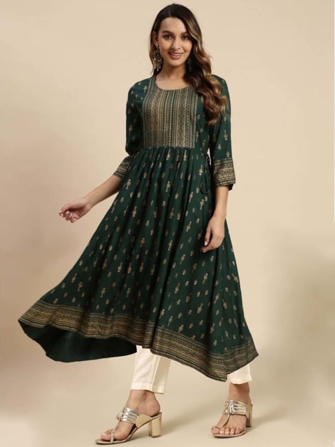 Rangita Green & Off-White Printed Kurta Pant Set