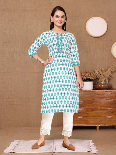 Rangita Blue &White Cotton Printed Kurta Pant Set