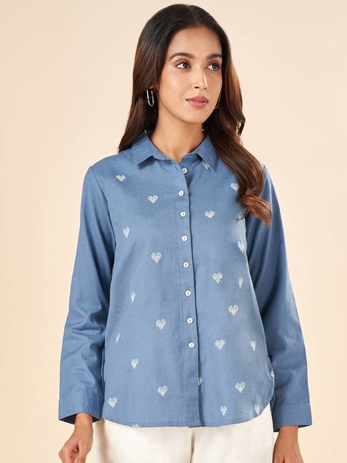 Akkriti by Pantaloons Blue Cotton Embroidered Shirt-picture-32