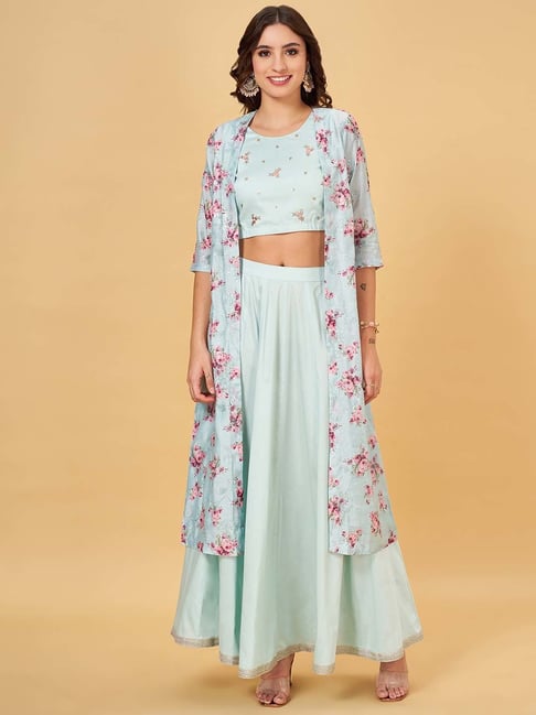 Rangmanch by Pantaloons Aqua Blue Floral Print Crop Top Skirt Set With Shrug