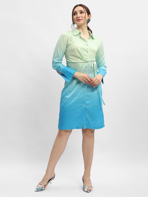 MADAME Blue Green Regular Fit Shirt Dress