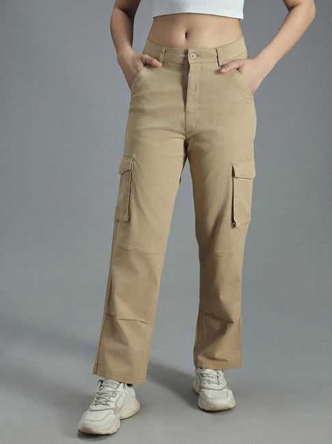 High Star Beige Relaxed Fit High Rise Cargo Pants