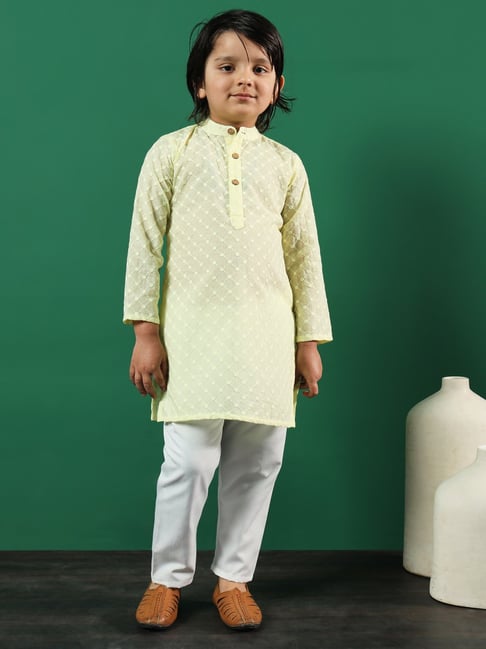 READIPRINT FASHIONS Kids Yellow & White Embroidered Full Sleeves Kurta with Pyjamas-picture-43