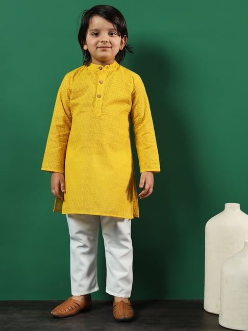 READIPRINT FASHIONS Kids Yellow & White Embroidered Full Sleeves Kurta with Pyjamas-picture-36