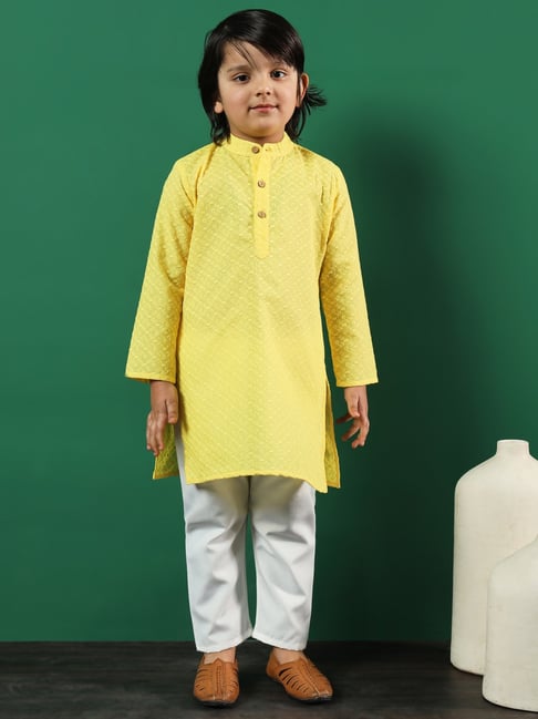 READIPRINT FASHIONS Kids Yellow & White Embroidered Full Sleeves Kurta with Pyjamas-picture-24