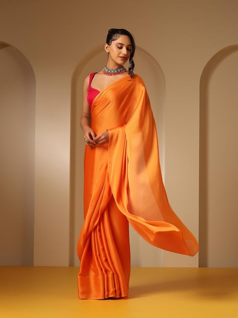 Buy Swtantra Orange Chiffon Saree With Blouse for Women's Online