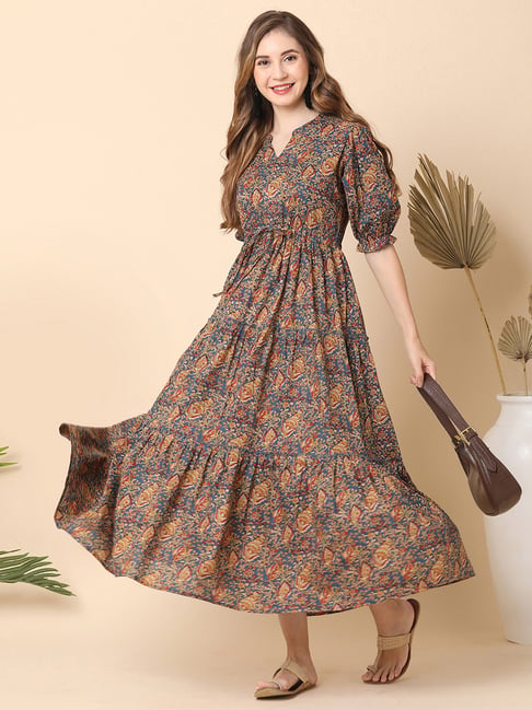 Globus Blue Cotton Printed Midi Dress