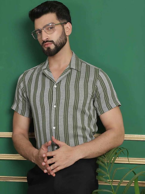 Indian Needle Olive Cotton Regular Fit Striped Shirt-picture-11