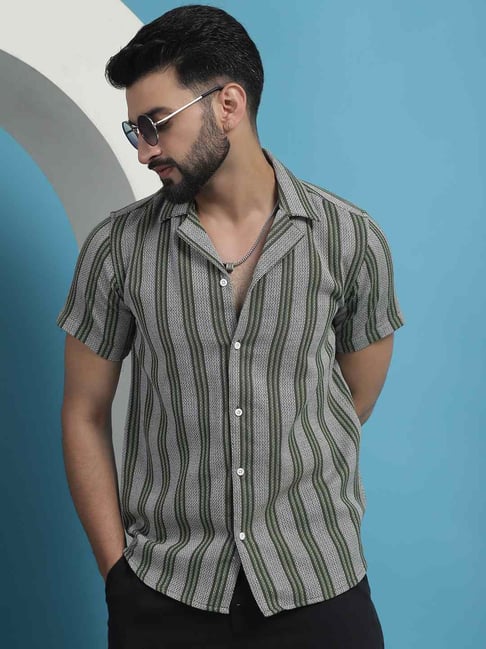 Indian Needle Olive Cotton Regular Fit Striped Shirt-picture-10