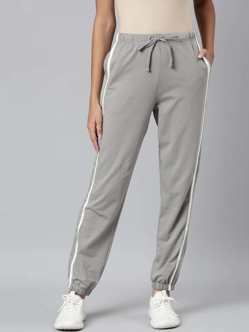 Buy Go Colors! Grey Cotton Striped Sports Joggers for Women Online
