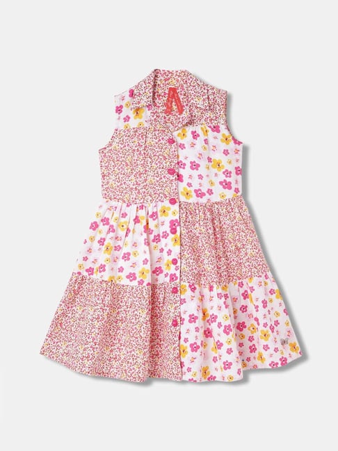 Blue Giraffe Kids Pink & White Cotton Floral Print Dress-picture-40