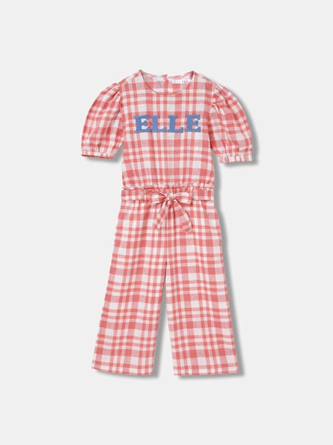 Elle Kids Coral White Cotton Chequered Jumpsuit