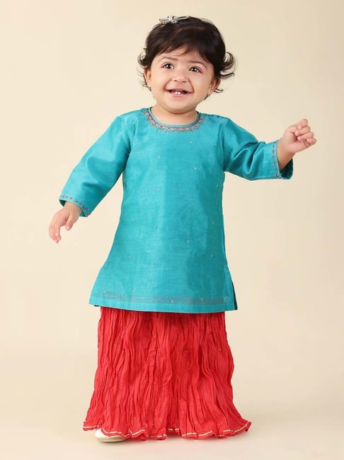 Fabindia Kids Teal Blue & Red Cotton Embroidered Full Sleeves Kurta Set-picture-42