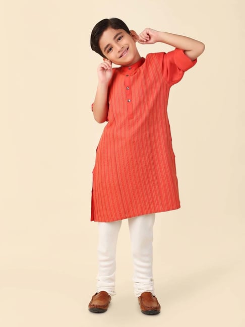 Fabindia Kids Orange Striped Full Sleeves Kurta-image-7