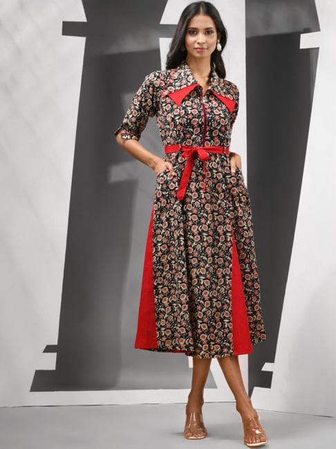 Charukriti Black Cotton Floral Print A-Line Dress